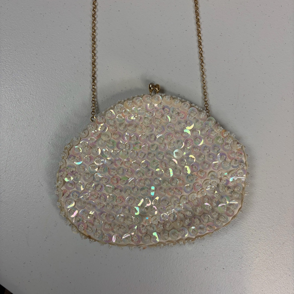 Vintage 1960s MCM Beaded Evening Bag Clutch Purse White Sequin Bag Kisslock 60s